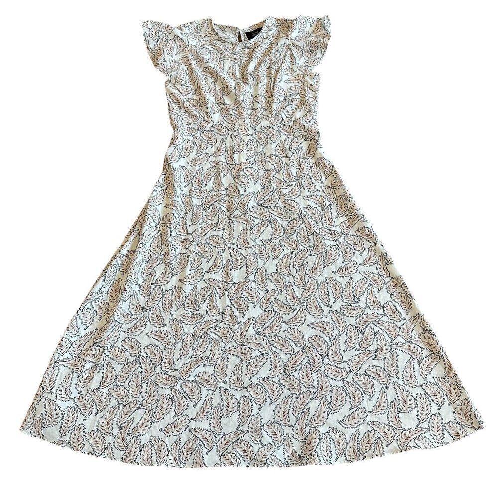 Goldie Leaf Print A-Line Dress Defined Waist Flutter Sleeves Boho Size Medium